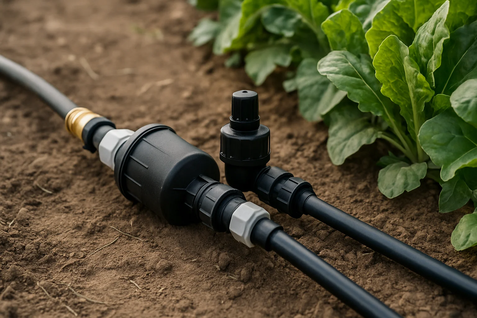 Installation de l’arrivée d’eau avec filtre et régulation au bord du potager, reliée au réseau d’arrosage goutte-à-goutte.