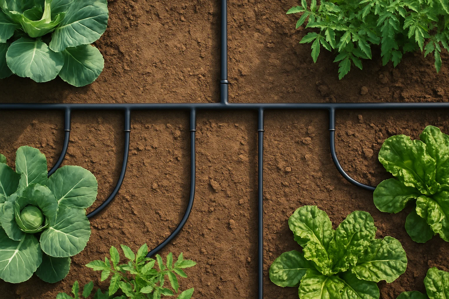 Dérivations du tuyau principal vers plusieurs rangs du potager à l’aide de raccords et de petits tuyaux.