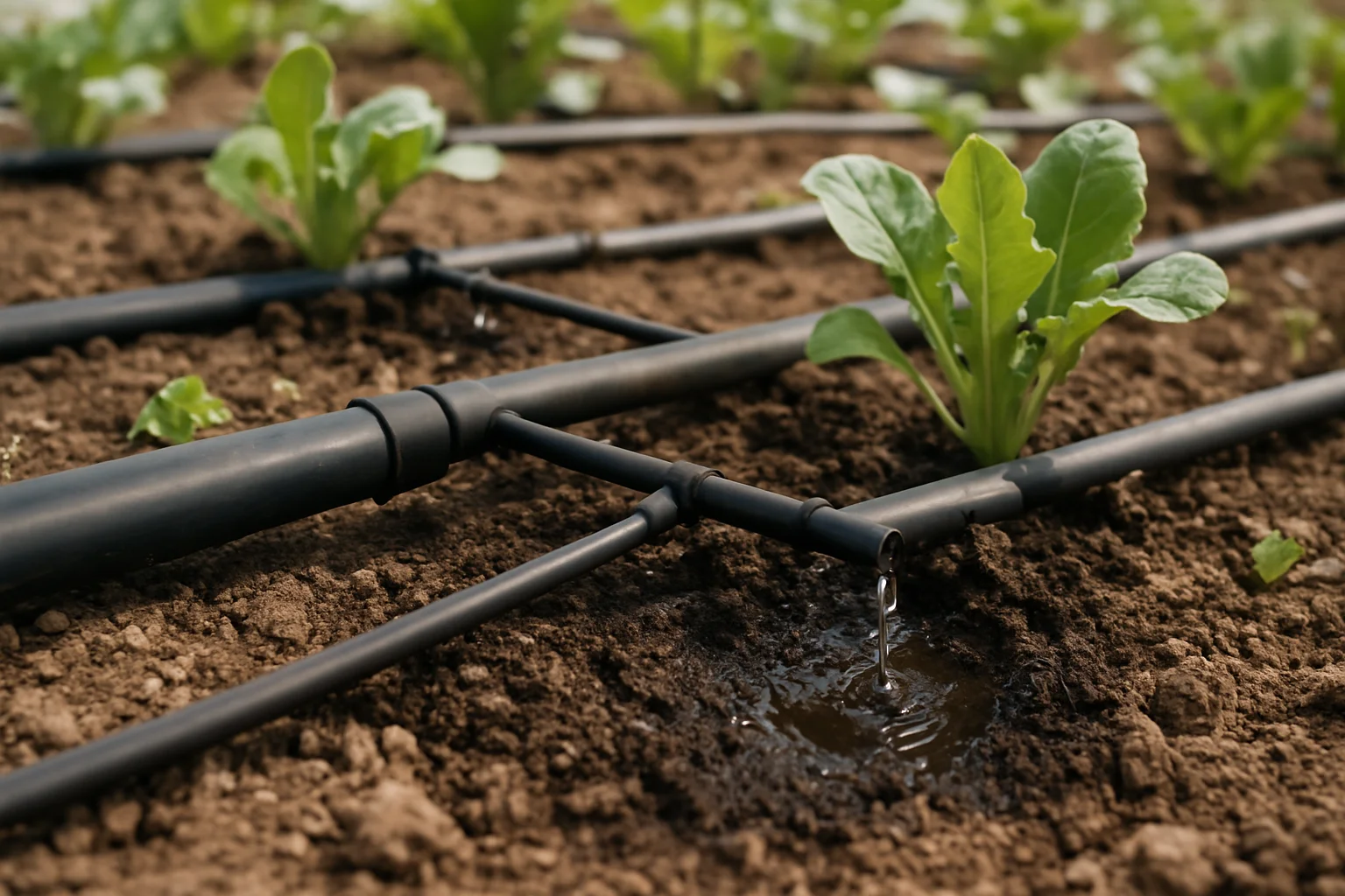Premier test complet du réseau d’arrosage goutte-à-goutte avec eau distribuée au pied des plantes du potager.