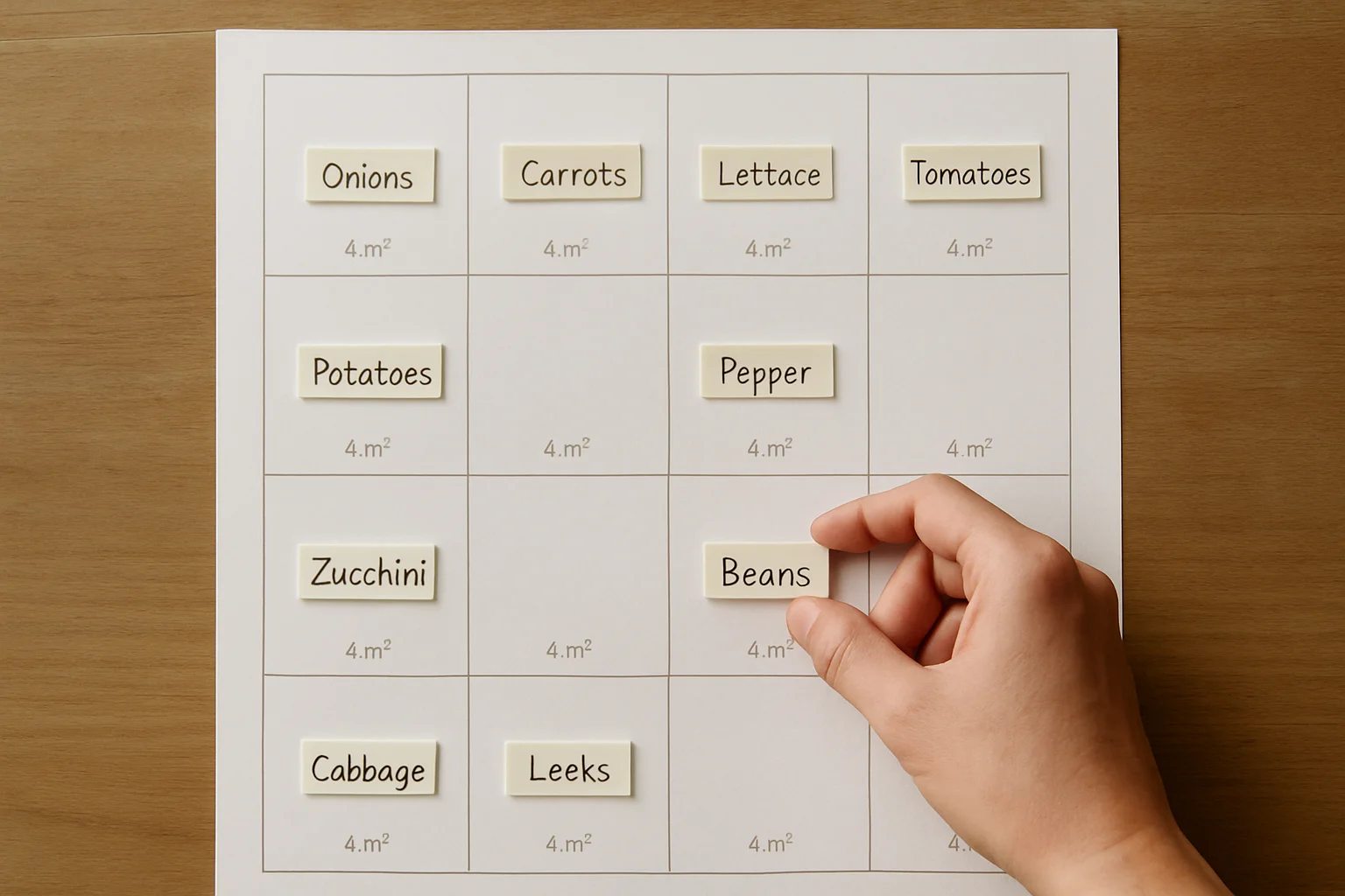 Plan de répartition du potager vu de dessus, avec plusieurs carrés de 4 m² et des repères placés dans chaque carré pour attribuer les légumes.