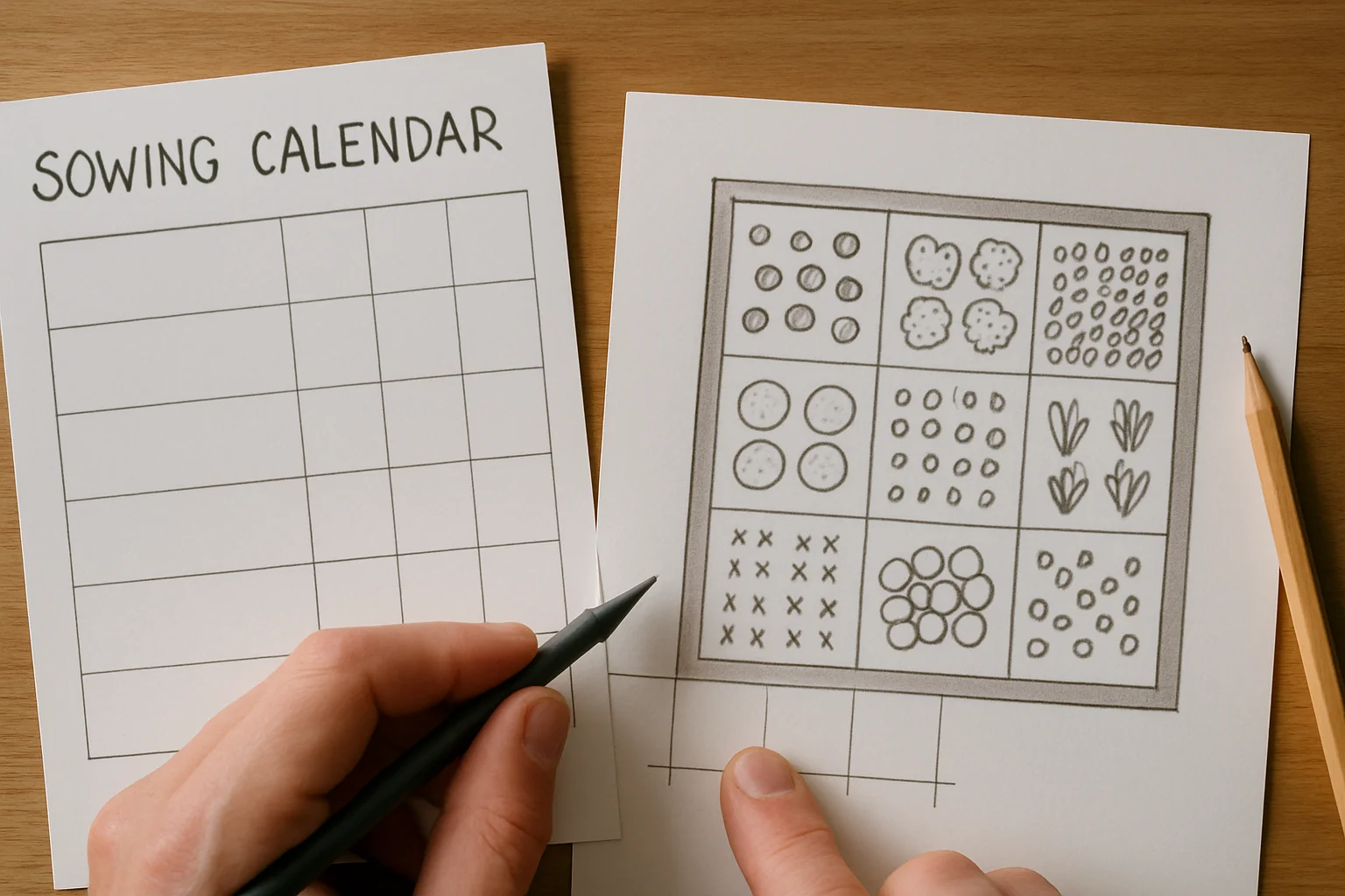 Feuille de calendrier de semis placée à côté du plan du potager en carrés, avec une main qui organise les repères entre les deux documents.
