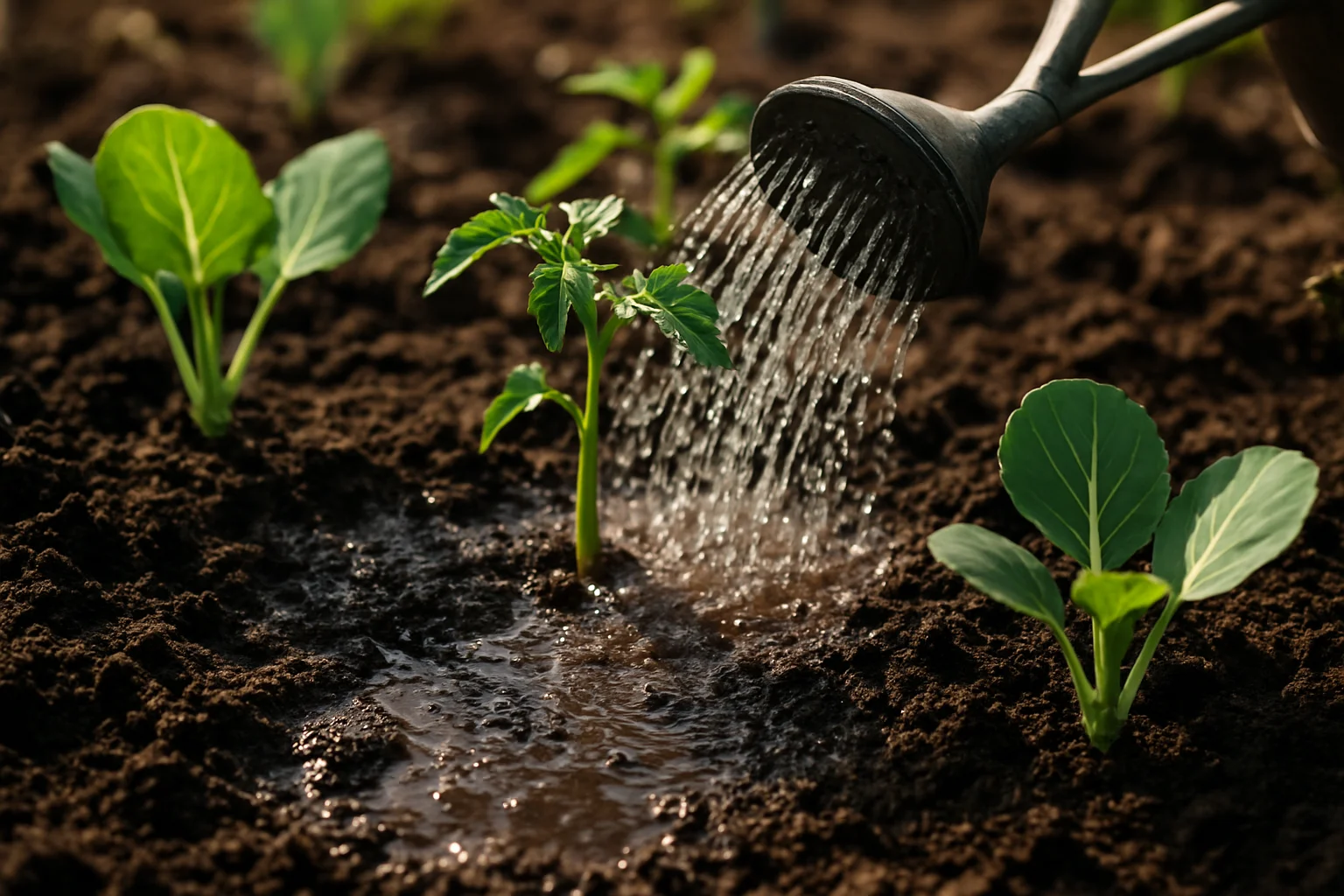 Arrosage du sol d’un potager avant la pose du paillage, avec de la terre humide autour des plants.