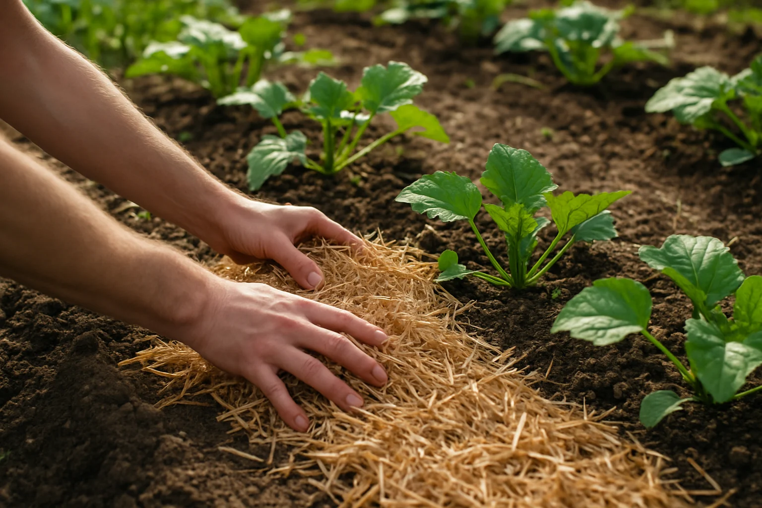 Application d’une couche régulière de paillage en paille entre les plants du potager.