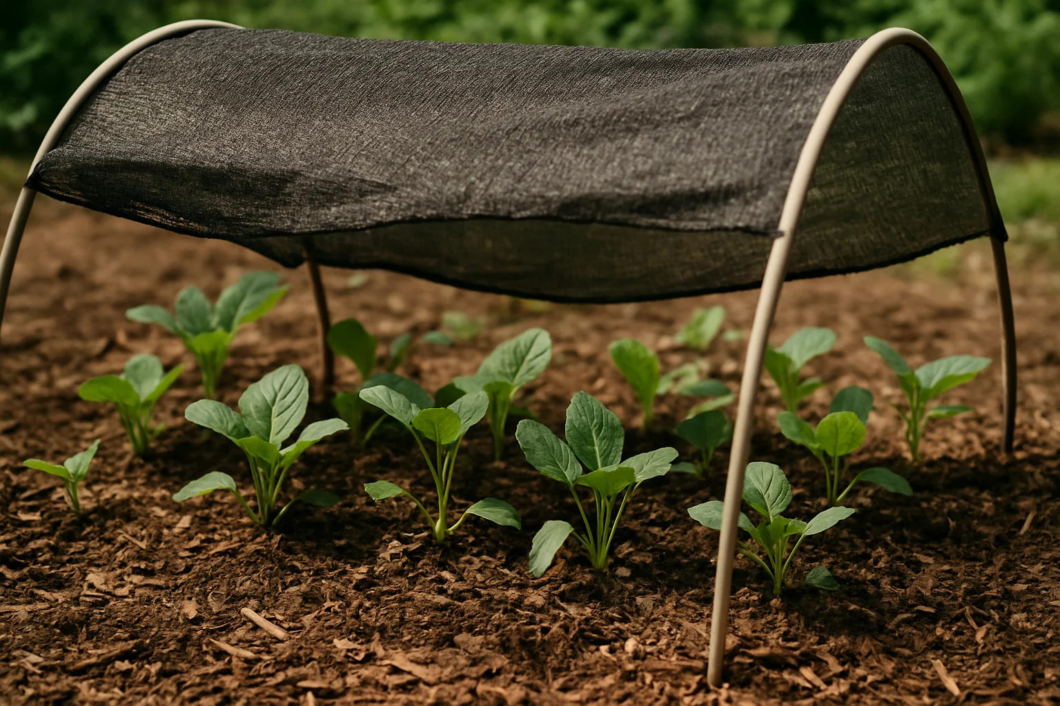 Jeunes plants du potager protégés par un ombrage temporaire au-dessus d’un sol paillé.