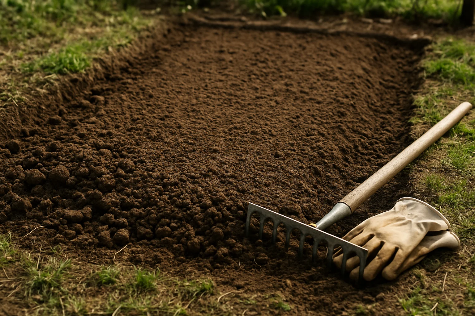 Préparation d’un emplacement au potager avec terre ameublie et nivelée pour des artichauts.