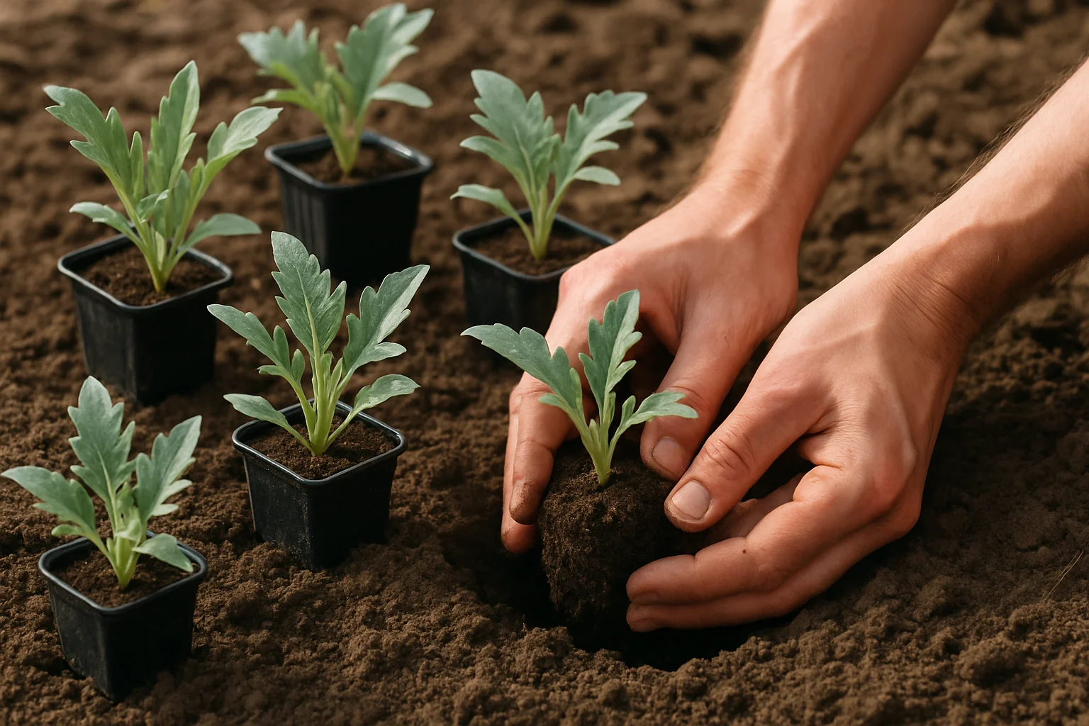 Plantation de jeunes artichauts en œilletons ou en godets dans la terre du potager.