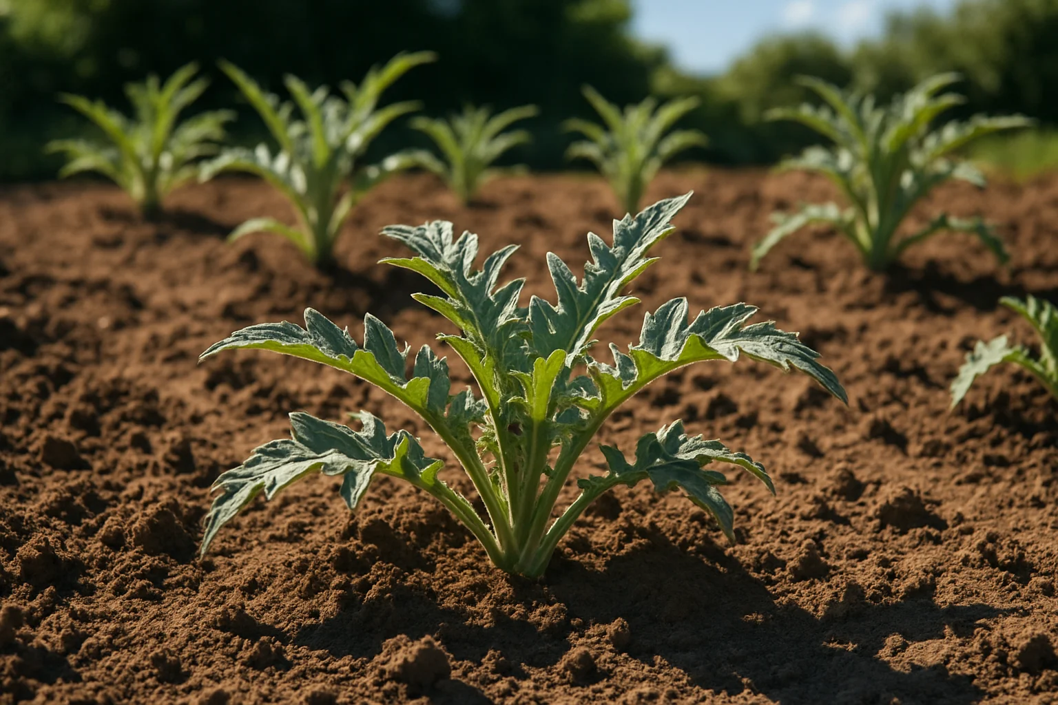 Jeunes plants d’artichaut installés dans une zone ensoleillée du potager.