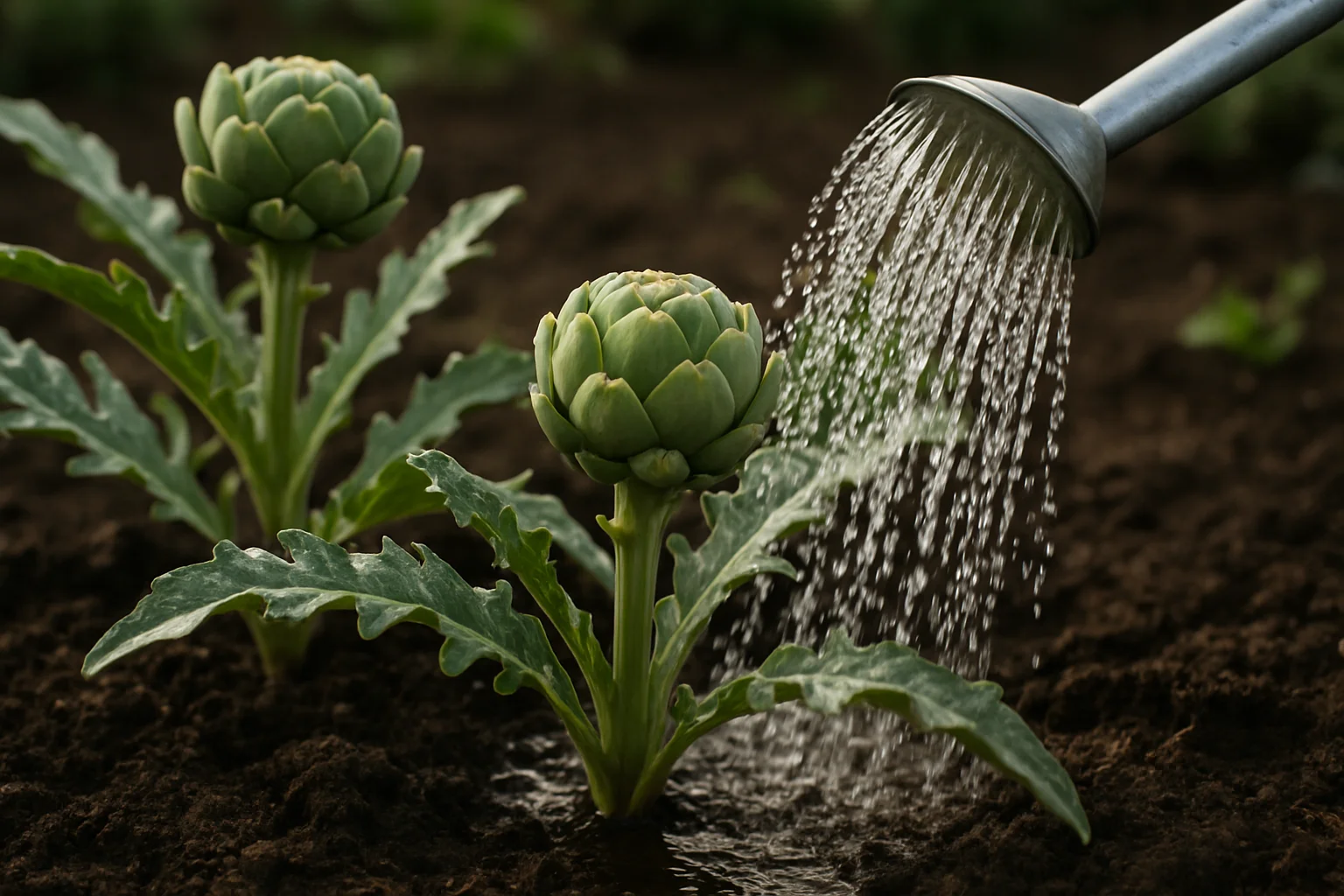 Arrosage régulier de plants d’artichaut au pied dans le potager.