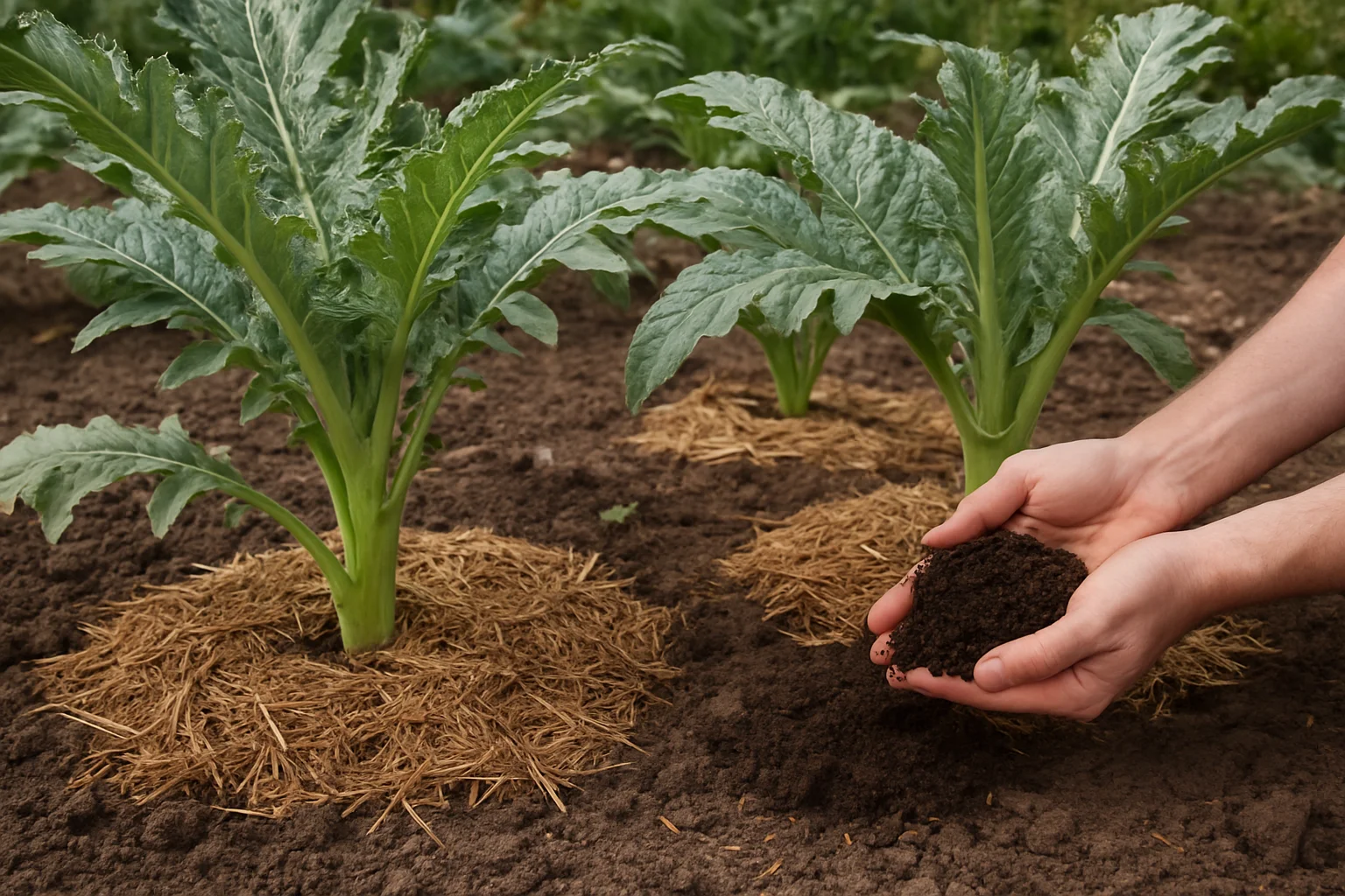 Plants d’artichaut paillés au pied avec apport nutritif en cours de culture.