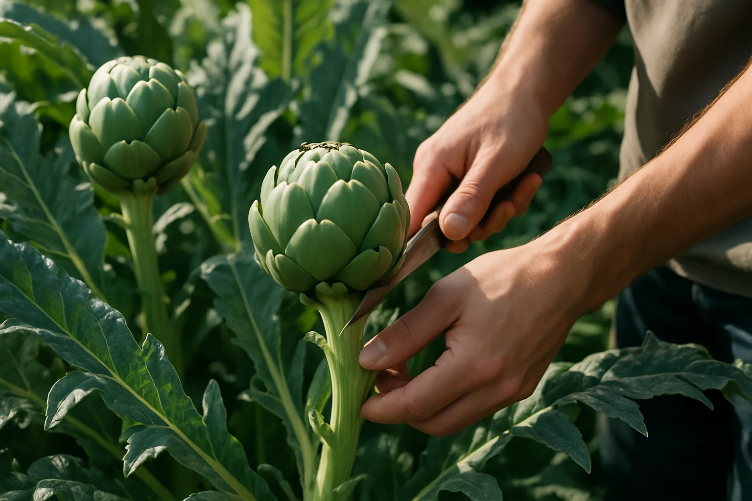 Récolte de capitules d’artichaut mûrs au bon moment sur le plant.