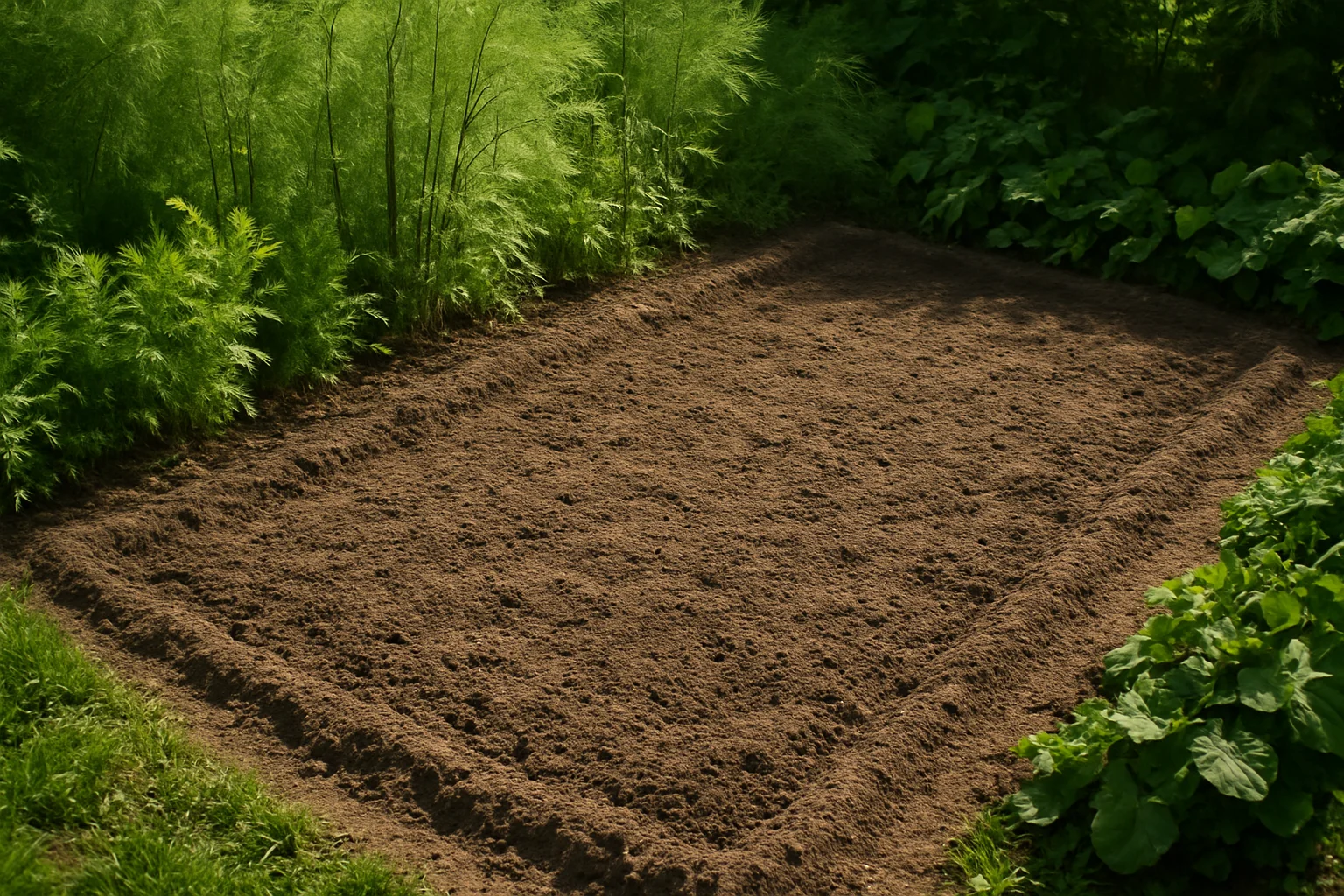 Emplacement ensoleillé du potager réservé à une future planche d’asperges, avec sol nu et espace durable.