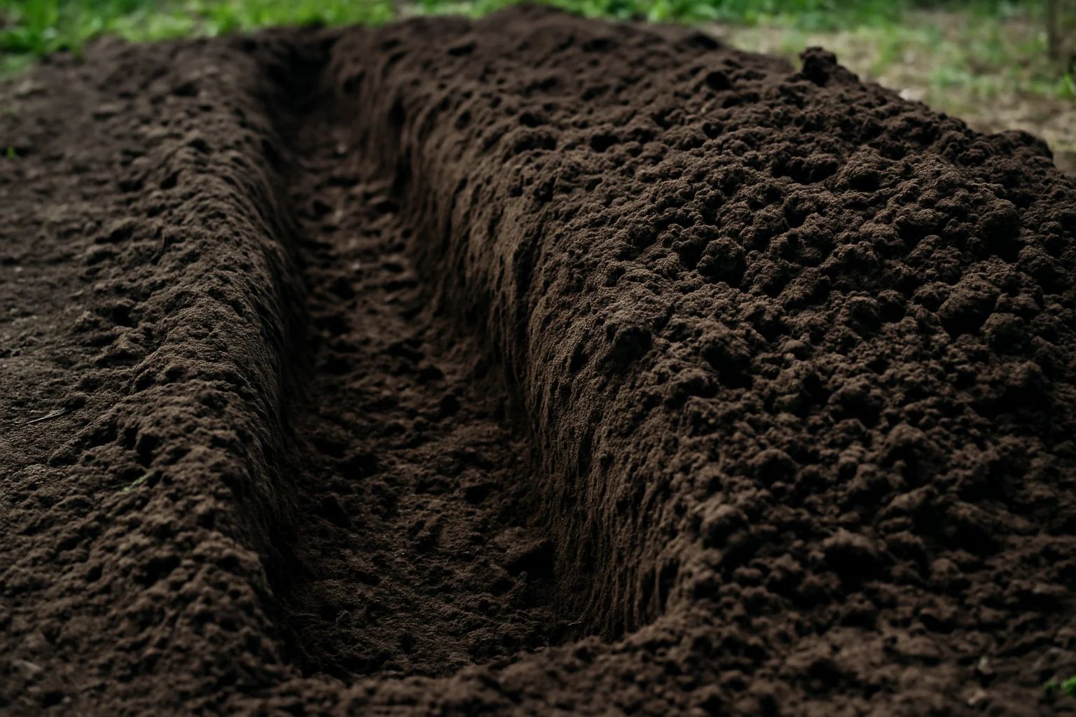 Sol du potager creusé en profondeur avant la plantation, avec terre meuble et tranchée visible.