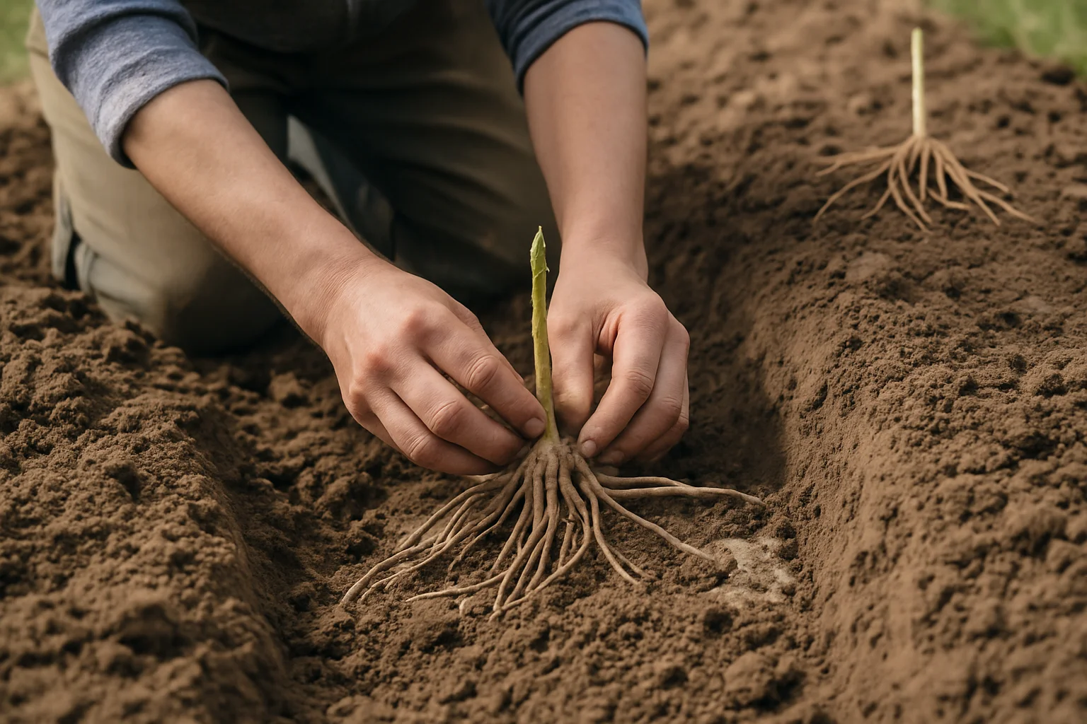 Plantation de griffes d’asperges dans une tranchée, racines étalées et terre ramenée autour.