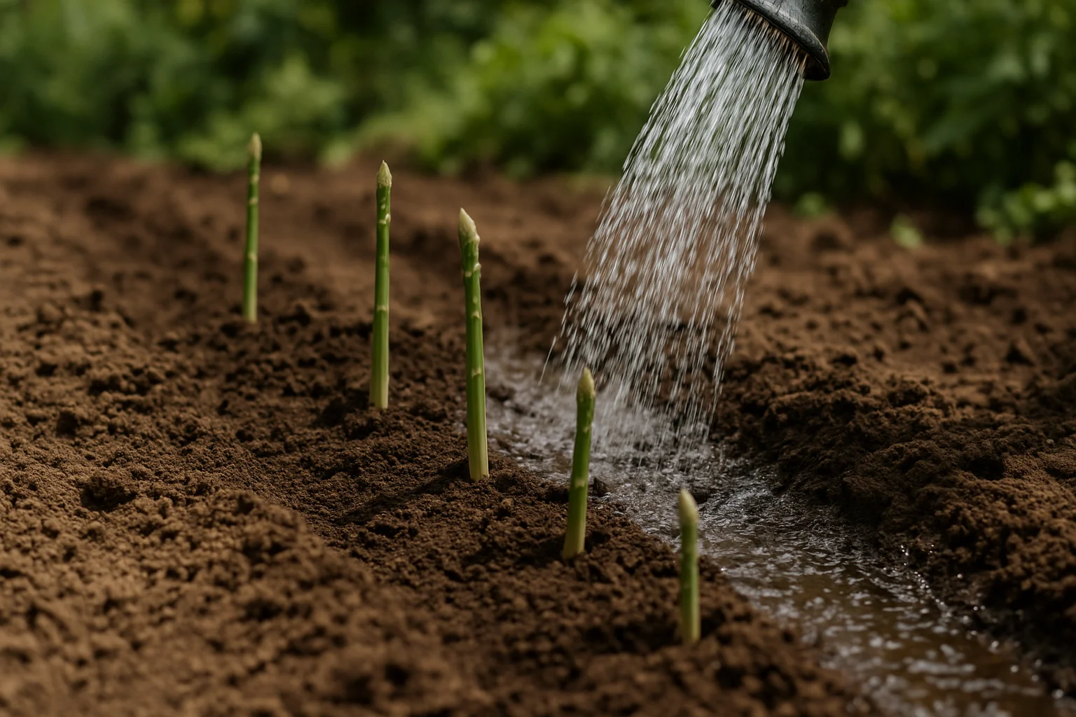 Arrosage léger d’une planche d’asperges fraîchement plantée, avec terre humidifiée sans excès d’eau.