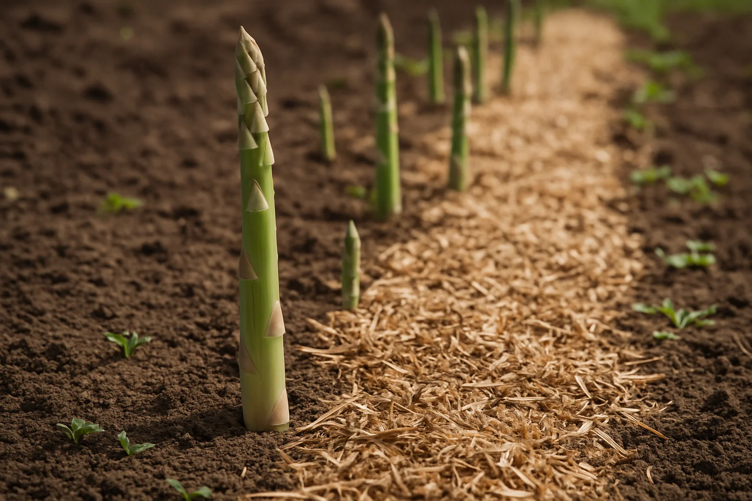 Désherbage d’une planche d’asperges suivi d’un paillage précoce autour du rang.