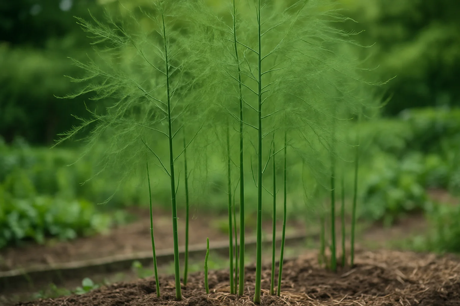 Tiges d’asperges laissées en croissance après les premières pousses, avec feuillage léger développé.