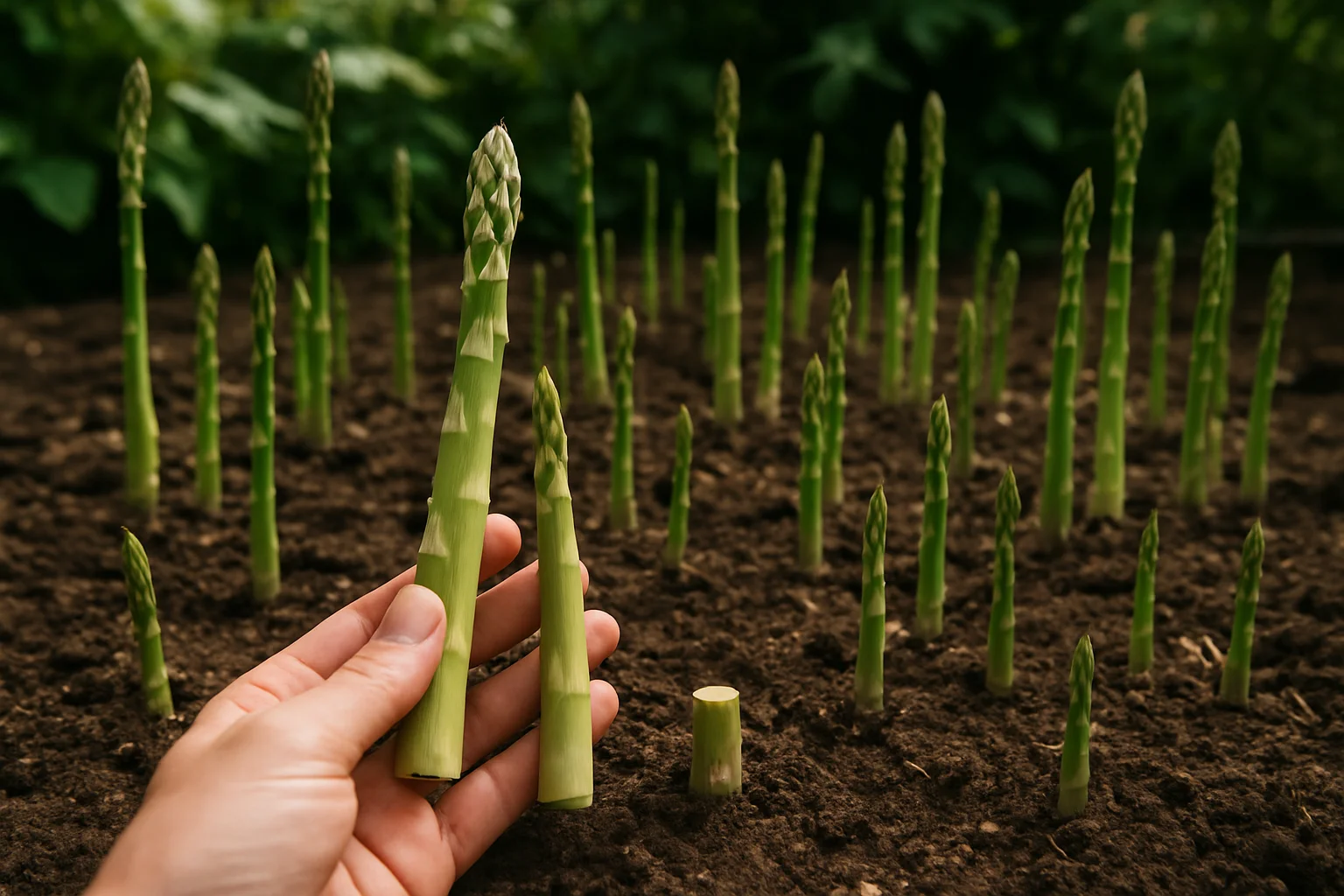 Récolte très légère de quelques asperges seulement, tandis que la majorité des tiges reste en place.