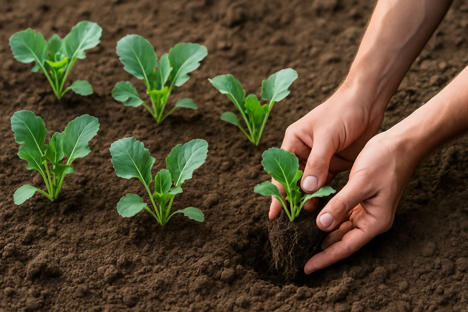 Des jeunes plants de chou-fleur vigoureux sont repiqués dans la terre du potager avec un espacement régulier.