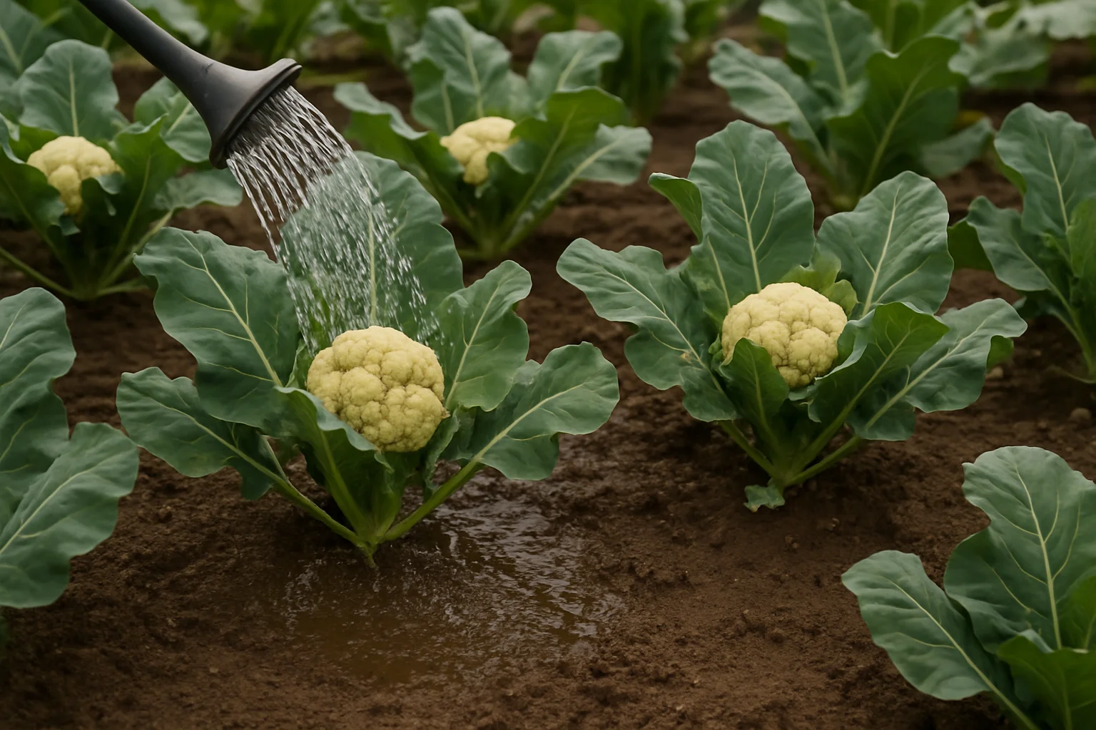 Des choux-fleurs en croissance sont arrosés régulièrement au pied, avec une terre uniformément humide.