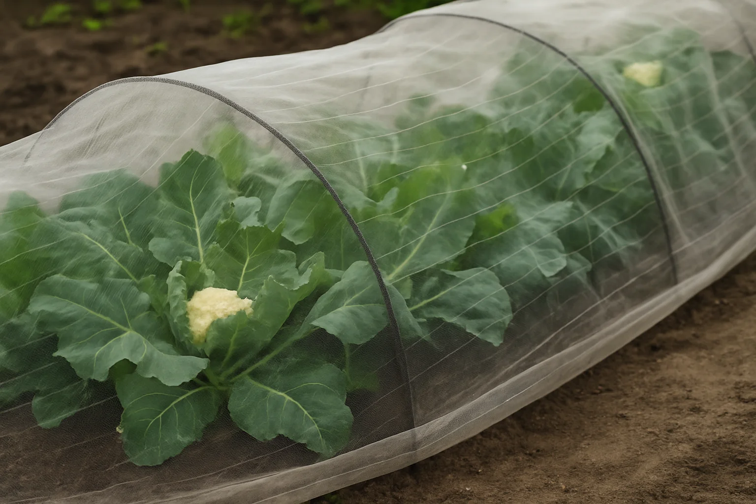 Un filet fin est installé au-dessus des choux-fleurs et bien maintenu au ras du sol pour les protéger de la piéride.