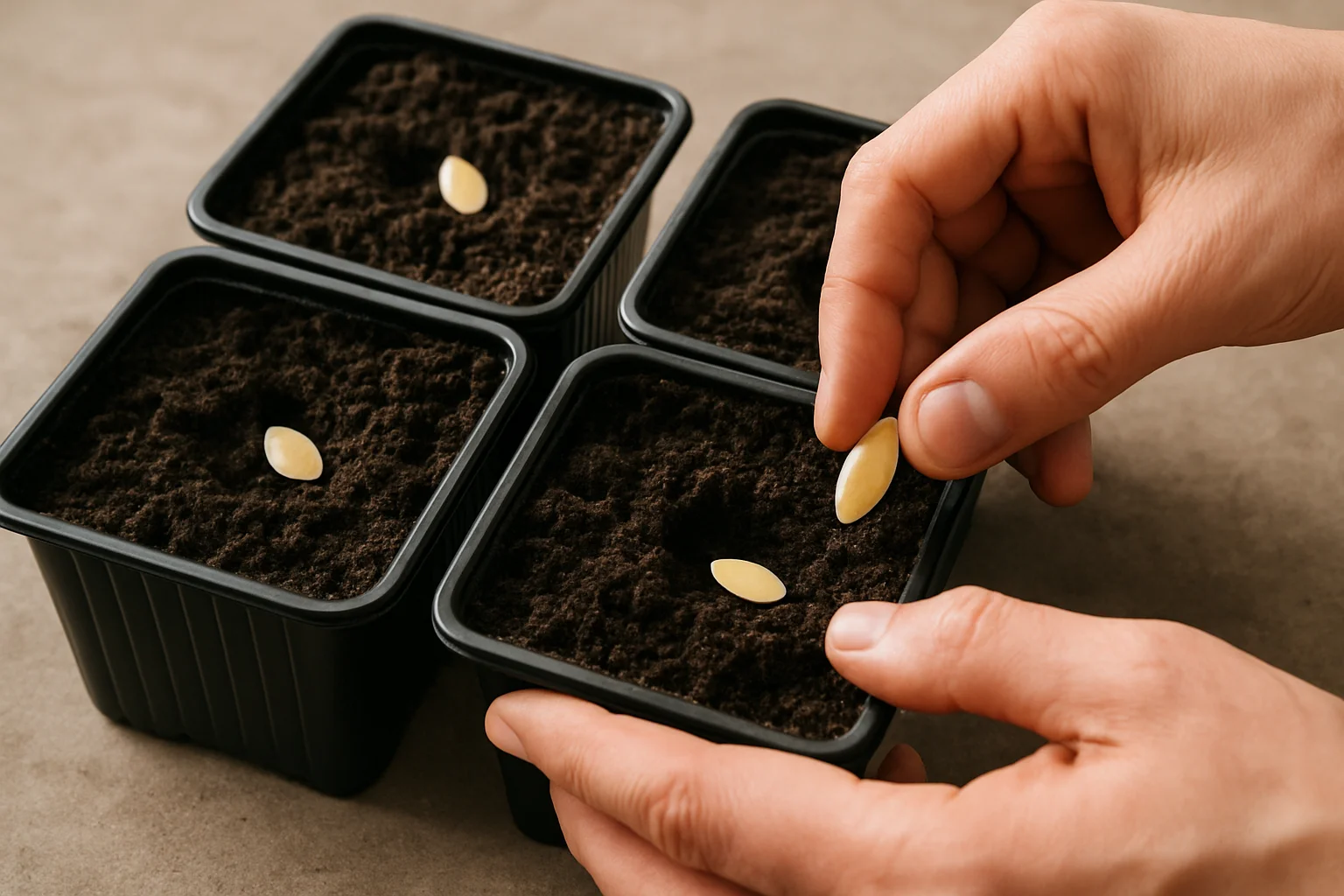 Des mains sèment des graines de courge butternut dans de petits godets remplis de terreau.
