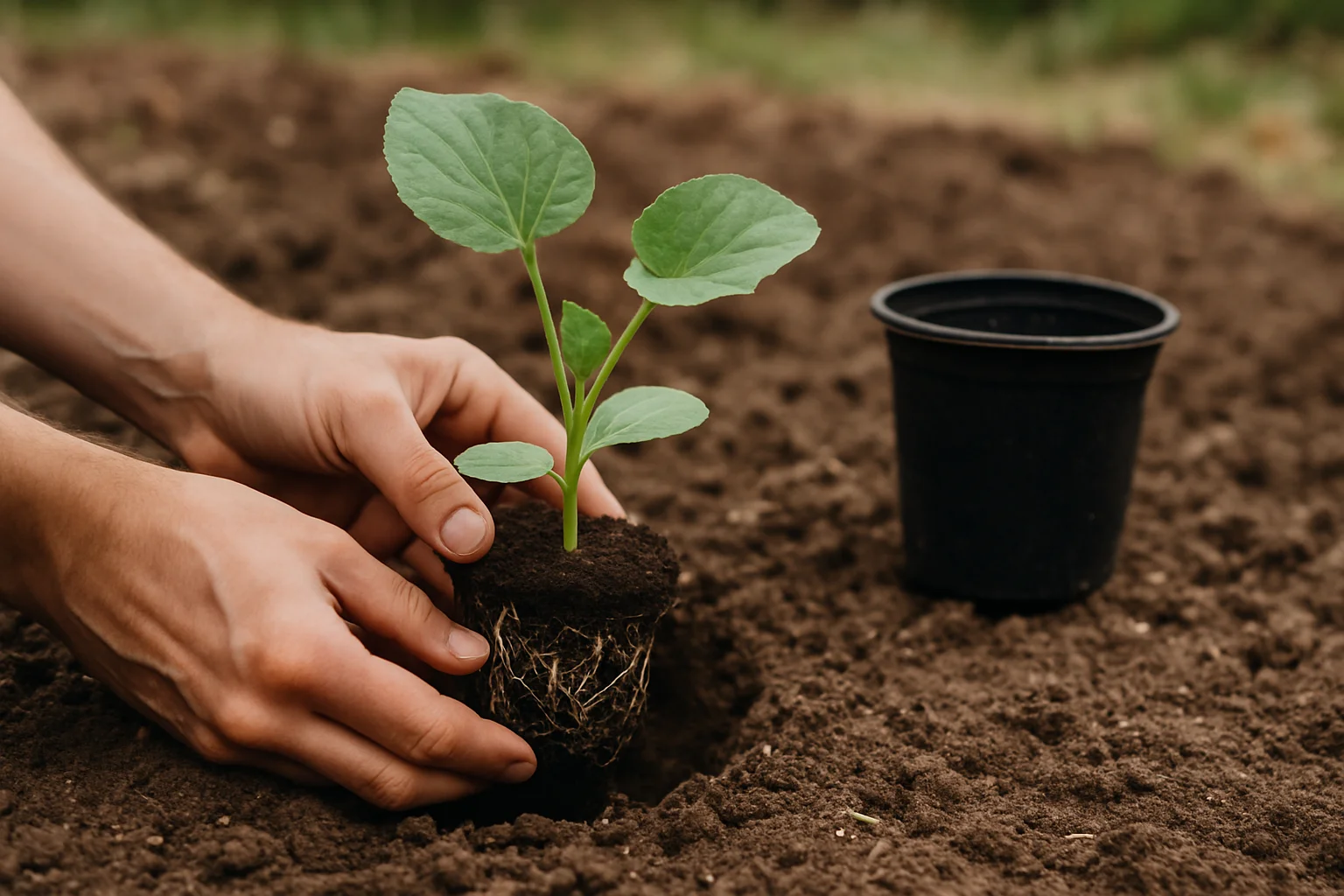 Un jeune plant de courge butternut est mis en terre dans le potager par deux mains.