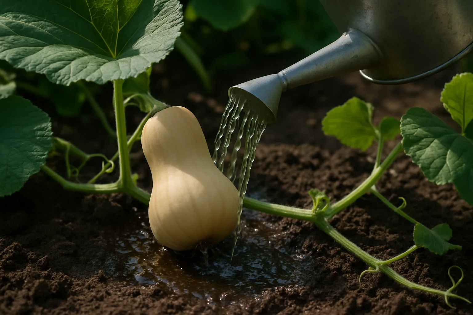 Un arrosoir verse de l’eau au pied d’un plant de courge butternut sans détremper la terre.