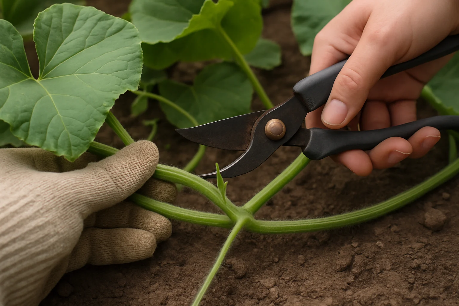 Une main gantée taille légèrement une tige de courge butternut avec un sécateur pour limiter son développement.
