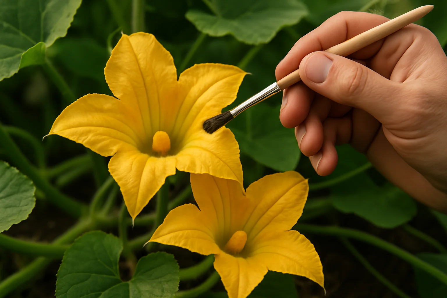 Une main aide la pollinisation des fleurs de courge butternut à l’aide d’un petit pinceau.