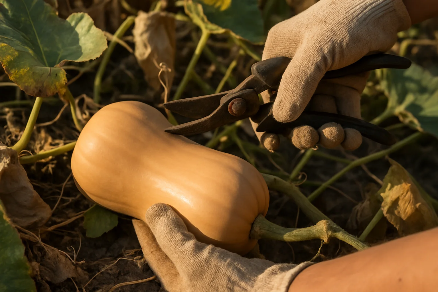 Des mains récoltent une courge butternut bien mûre en coupant son pédoncule.