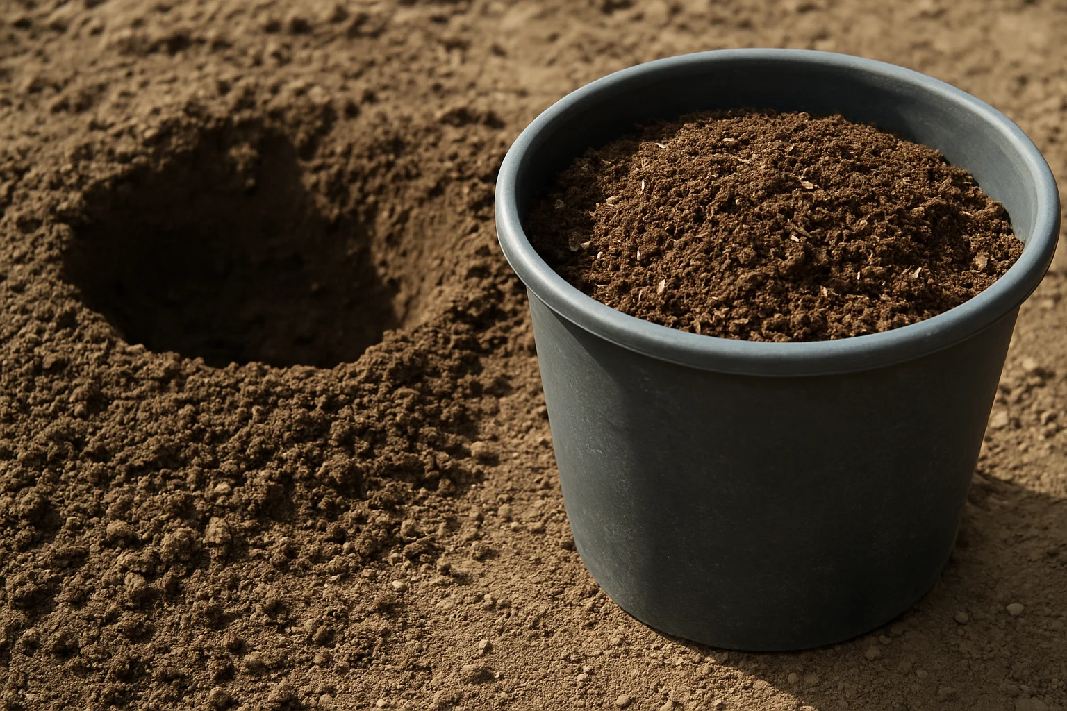 Un sol ameubli avec un trou de plantation et un grand pot rempli de substrat prêt à recevoir des fraisiers.