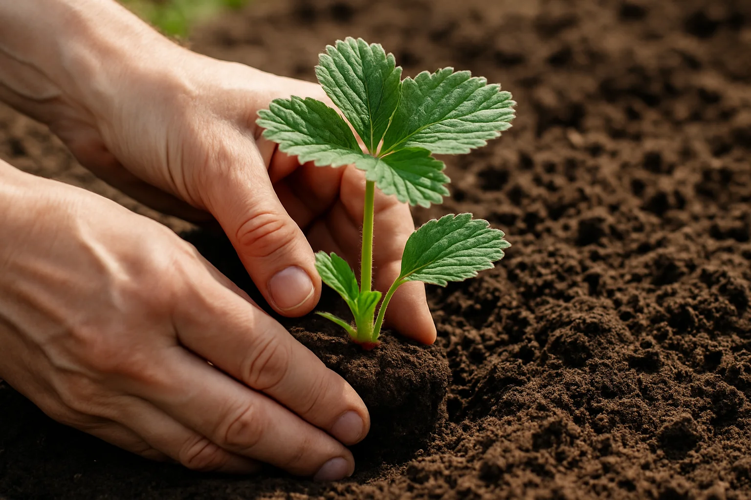 Des mains plantent un fraisier en plaçant le collet exactement au niveau de la surface du sol.