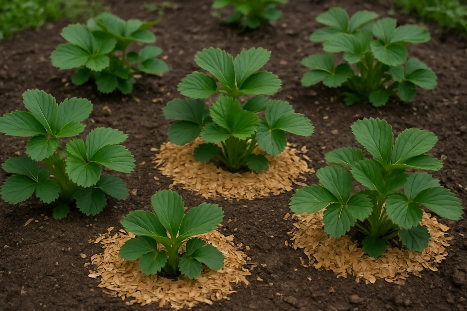 Des fraisiers bien repartis sont entourés d’une couche de paillage déposée autour des plants sans recouvrir leur centre.