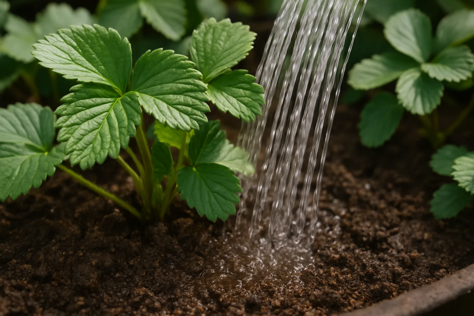 Un arrosage doux humidifie régulièrement la terre des fraisiers sans créer de sol détrempé.