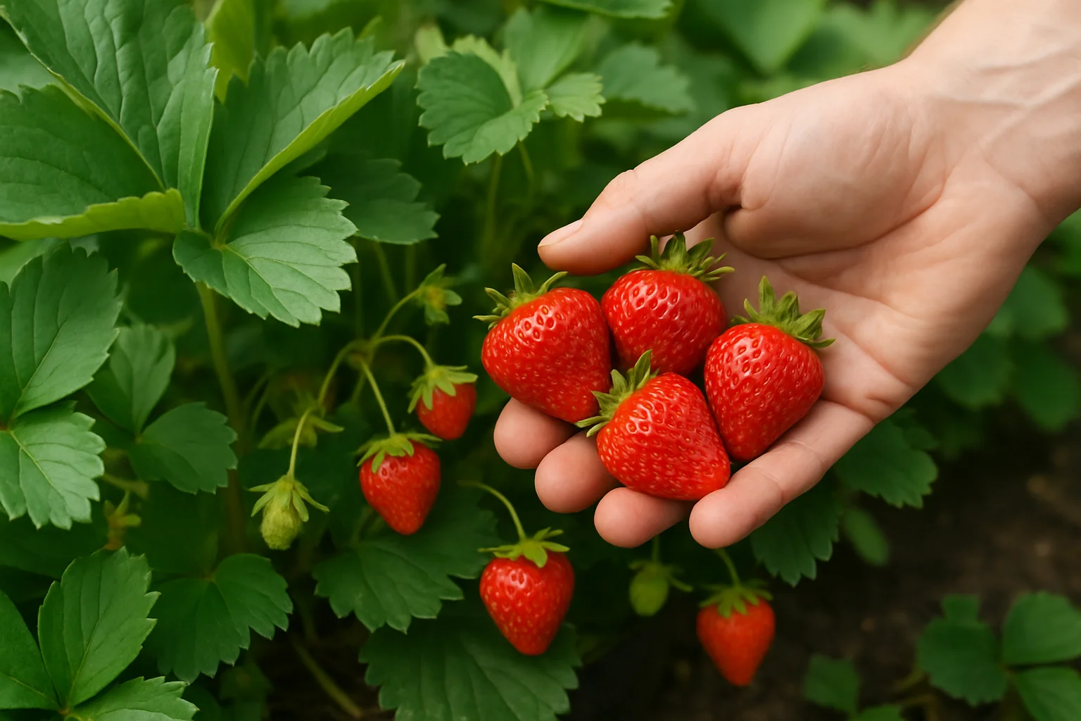 Une main récolte plusieurs fraises mûres sur un fraisier remontant pour favoriser une production continue.