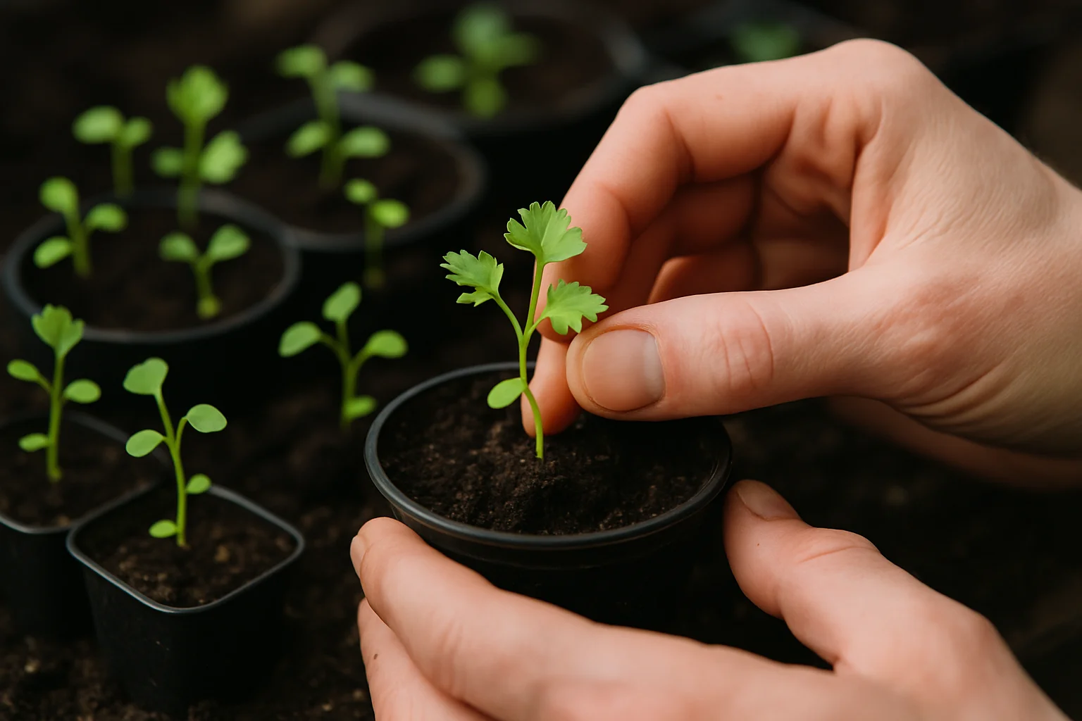 Jeunes plants de céleri-rave avec premières vraies feuilles, repiqués en petits godets remplis de terreau.