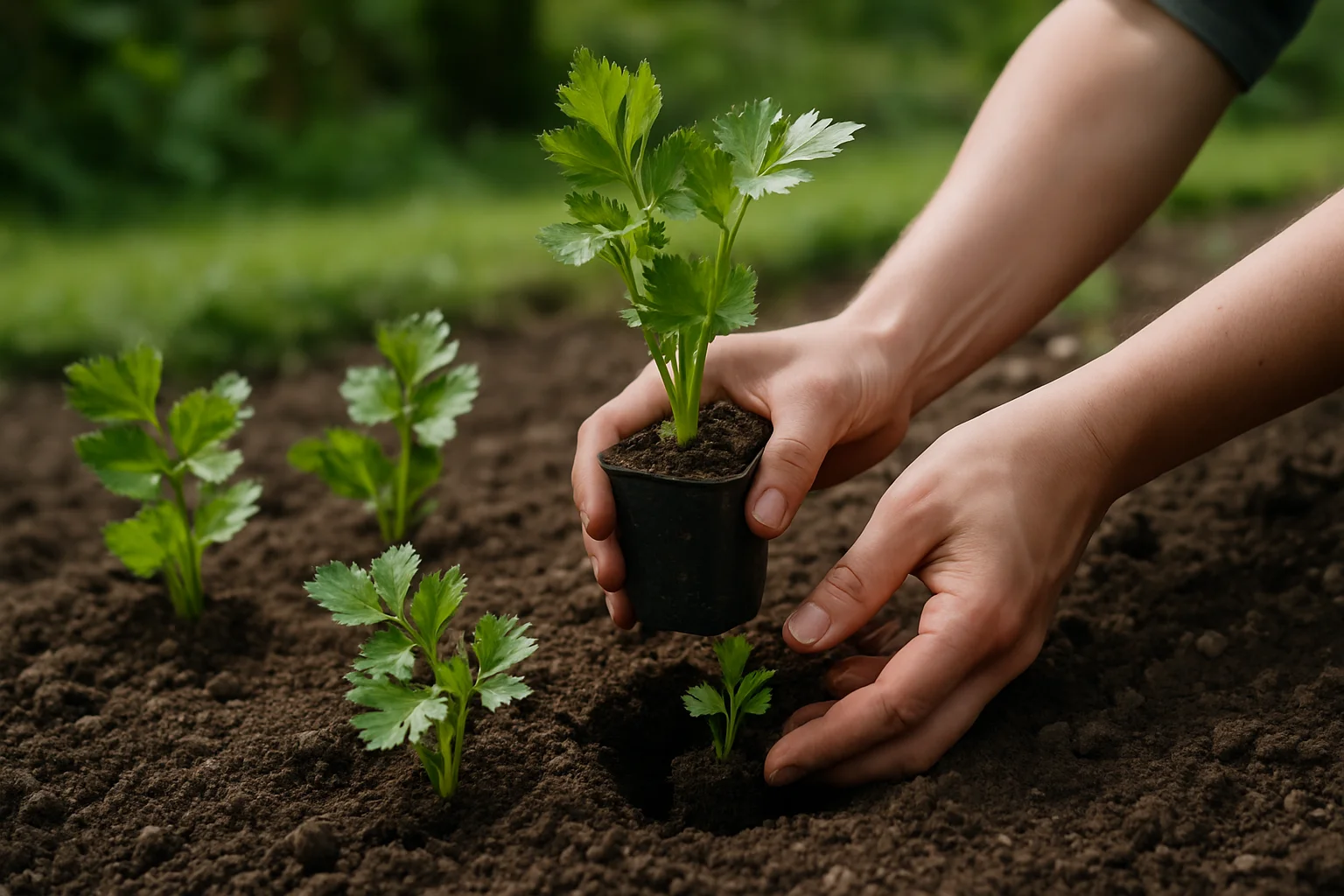 Plantation en pleine terre de jeunes céleris-raves dans une planche de potager, après la période de gel.