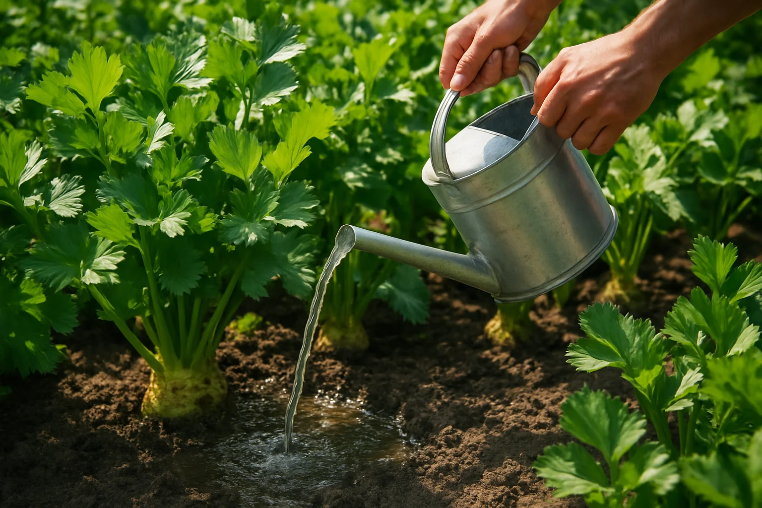 Arrosage régulier de céleris-raves en été, l’eau humidifiant le sol au pied des plantes.