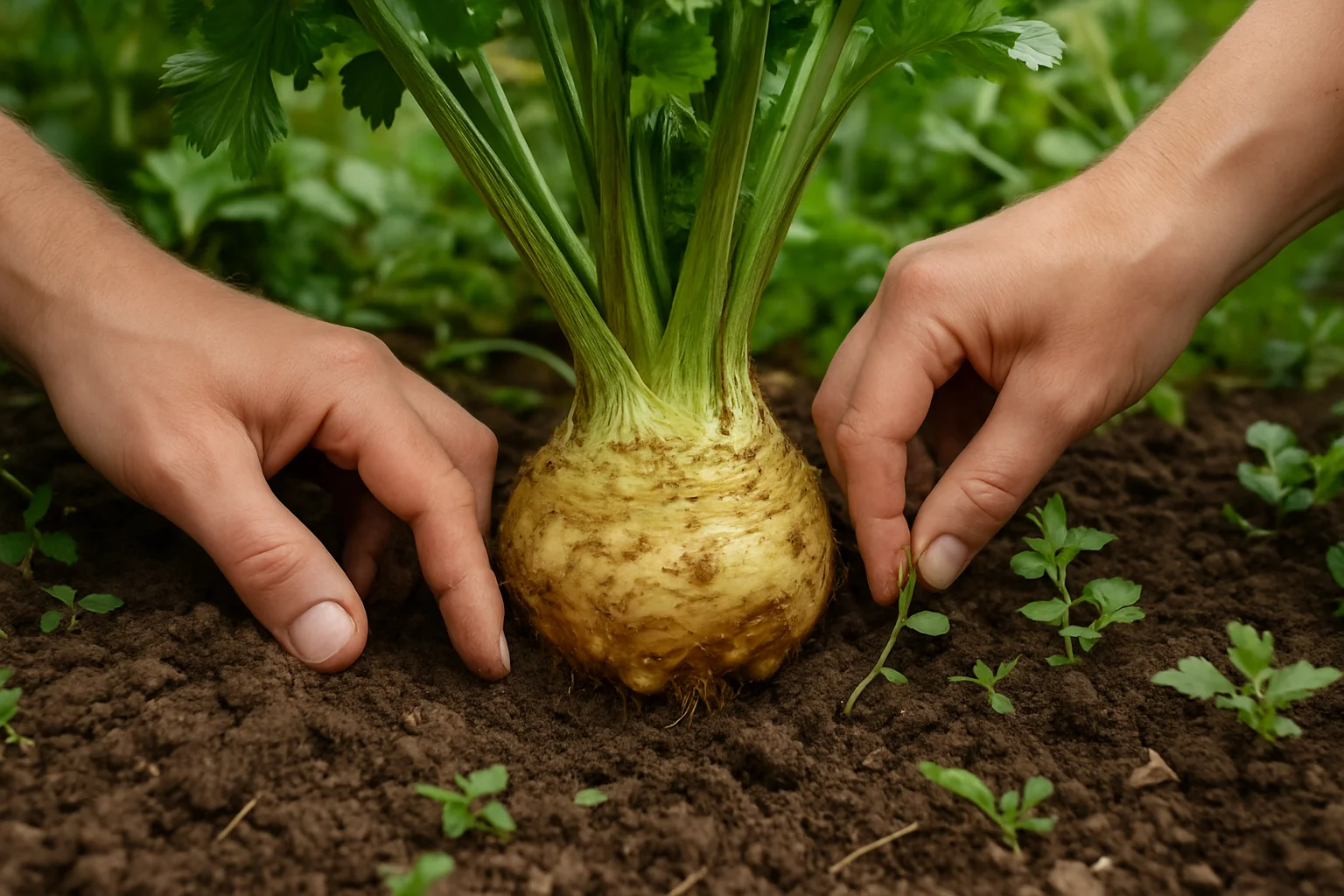 Entretien autour du collet du céleri-rave, avec nettoyage du sol et retrait de petites herbes autour de la base.