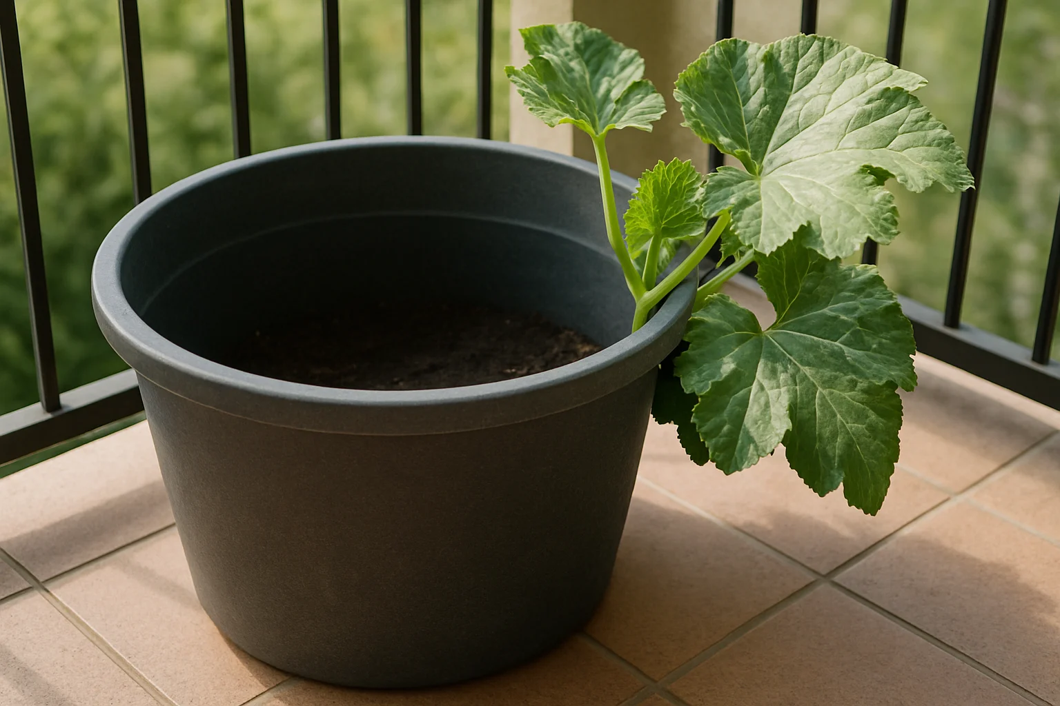 Grand pot profond sur un balcon, mis en valeur pour montrer qu’il convient à une courgette vigoureuse.