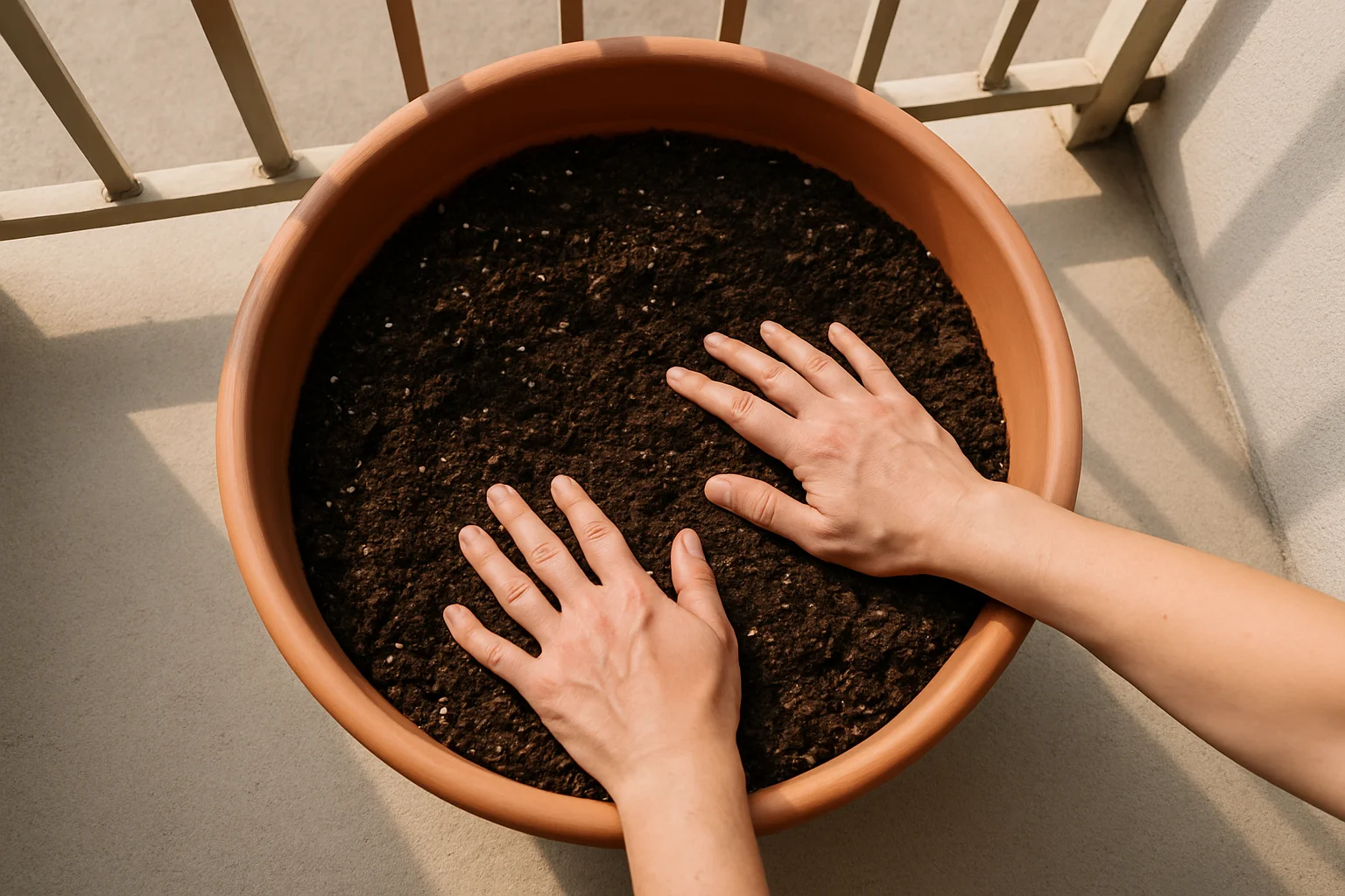 Préparation d’un substrat riche et drainant dans un grand pot sur un balcon.