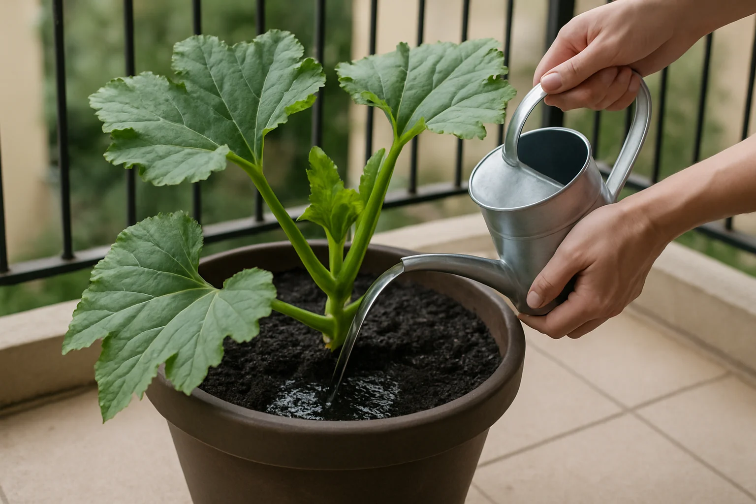 Arrosage profond au pied d’une courgette cultivée en pot sur un balcon.