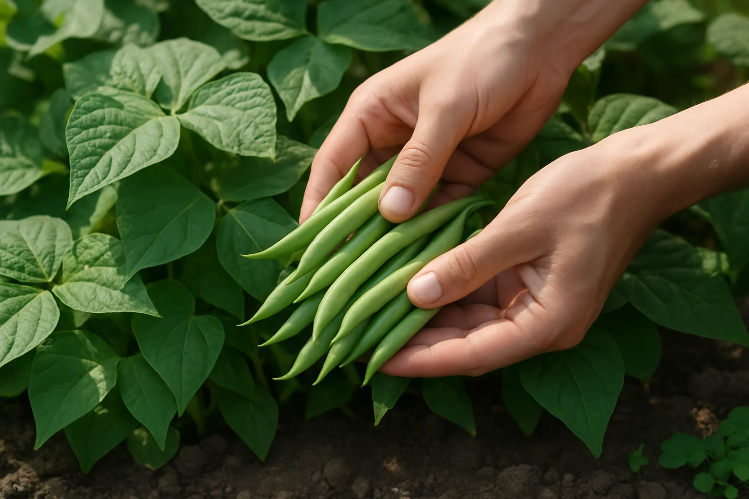 Récolte de jeunes gousses de haricots verts nains à la main sur des plants bas cultivés en pleine terre.