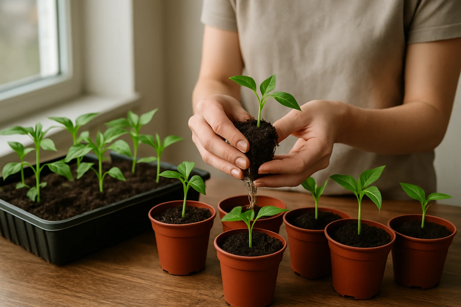 Jeunes plants repiqués un par un dans de petits godets remplis de terreau.