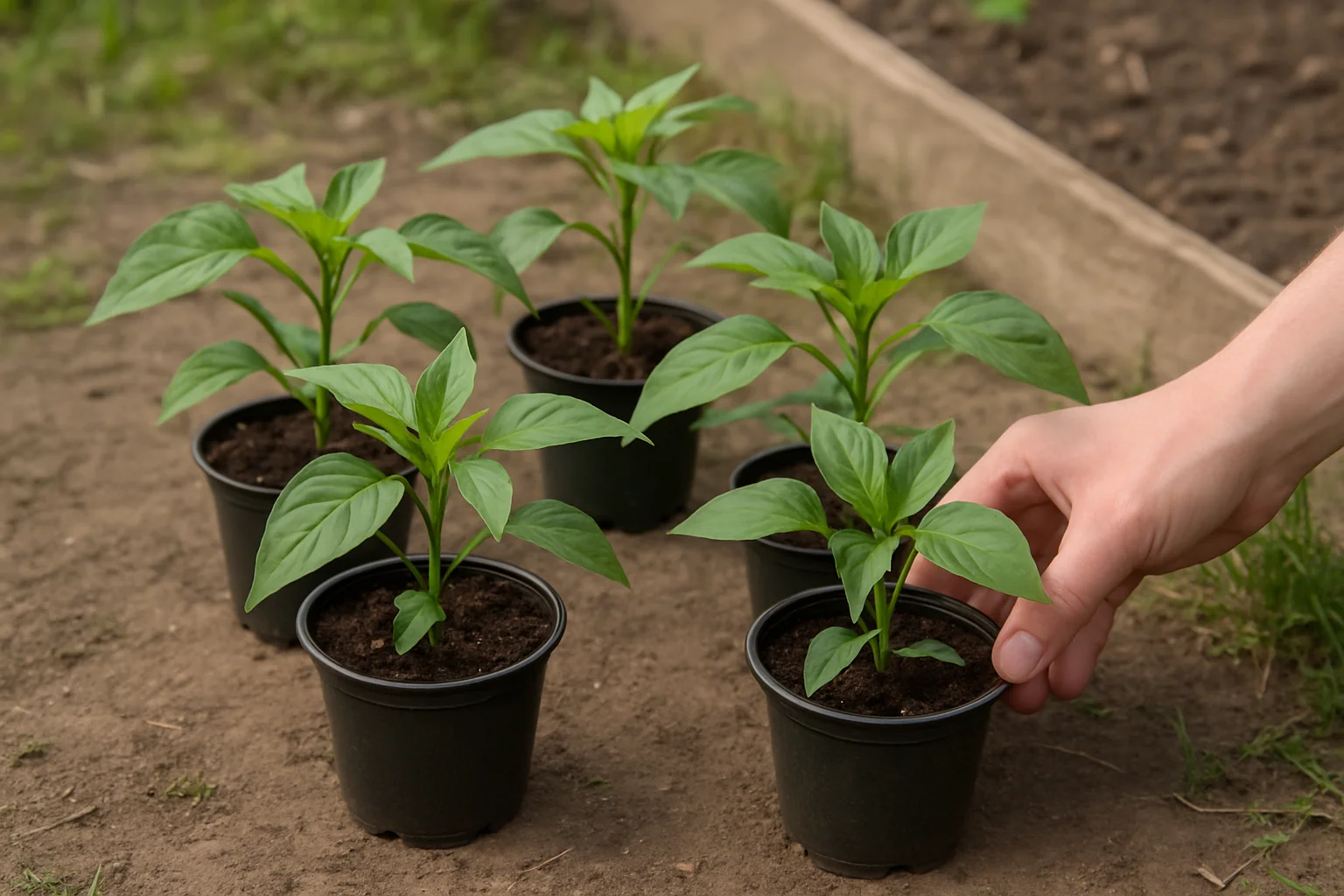 Plants en godets sortis dehors dans un endroit abrité pour les endurcir progressivement.