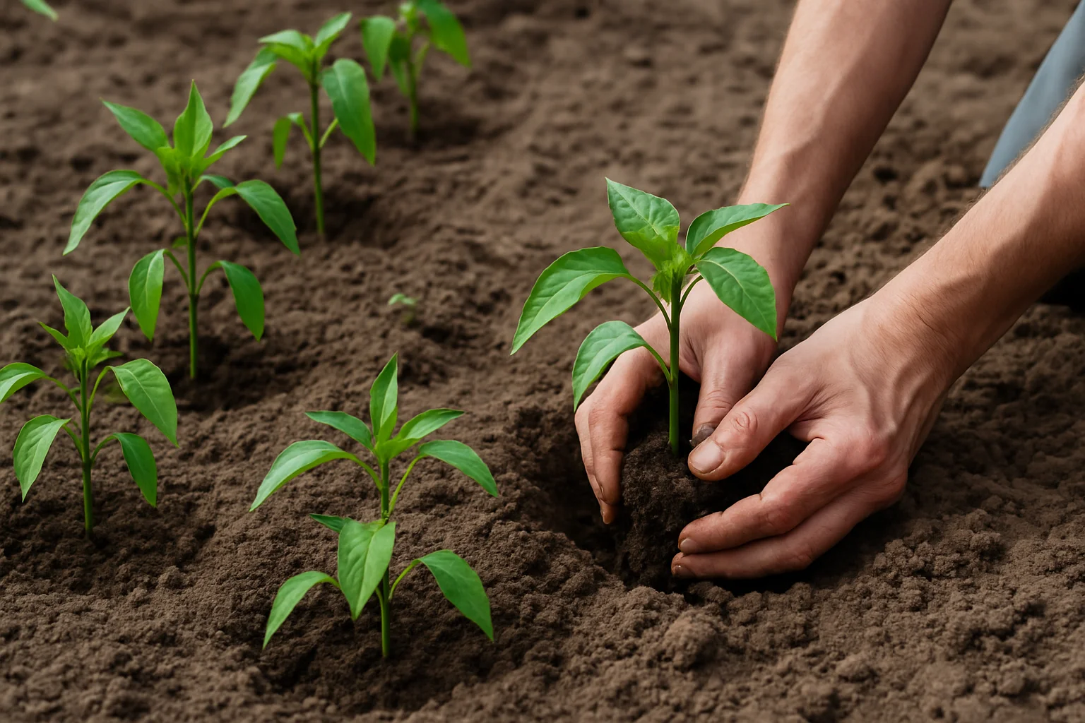 Mise en terre des jeunes plants de poivrons et piments doux dans le potager après les gelées.