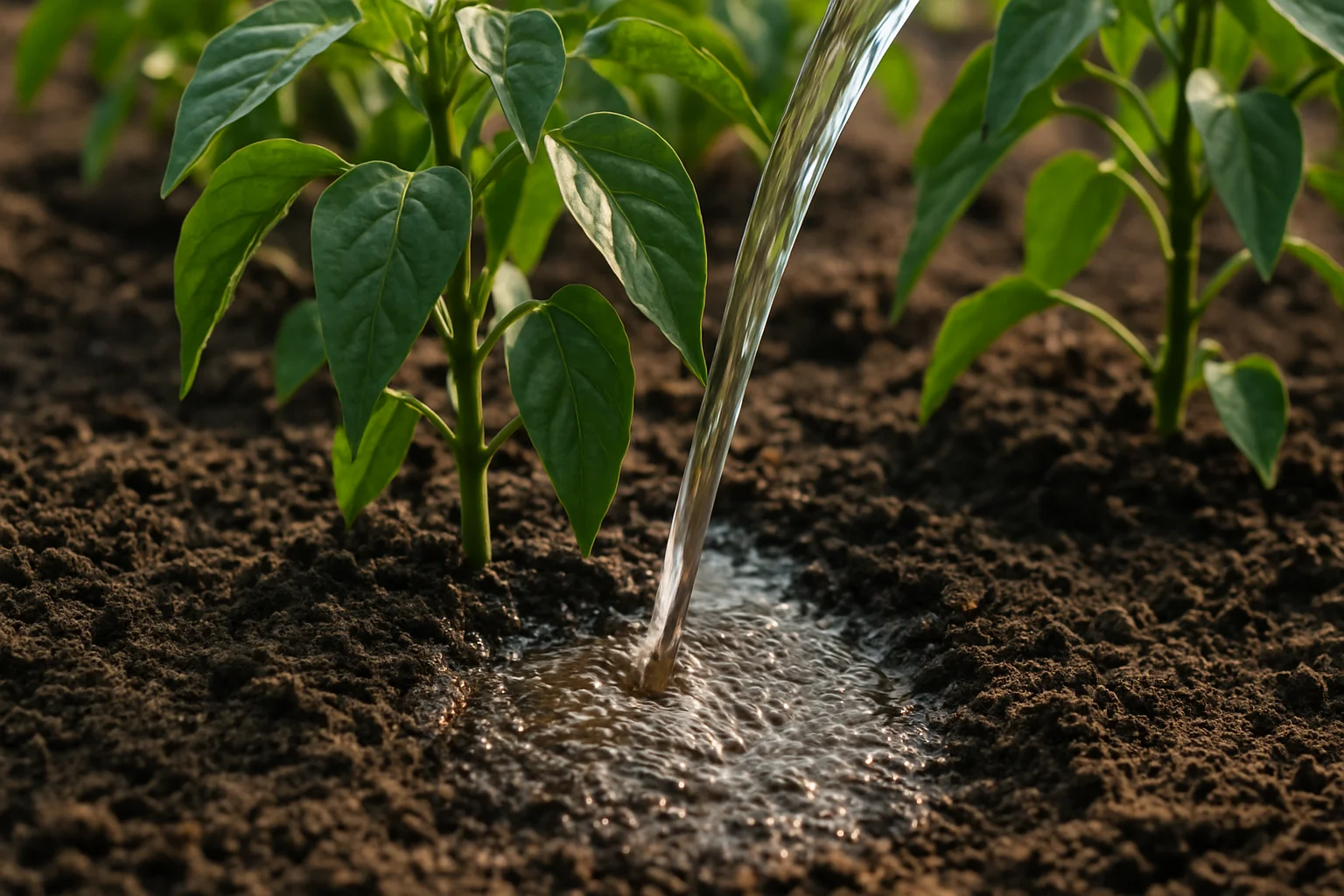 Arrosage doux au pied des plants, avec une terre humide mais non détrempée.