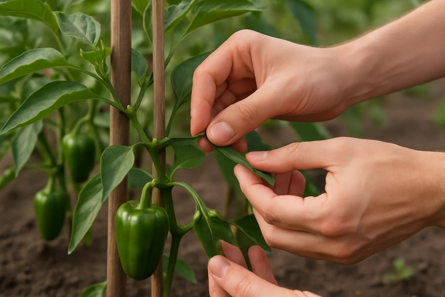 Plants de poivrons maintenus par des tuteurs et légèrement taillés à la main.