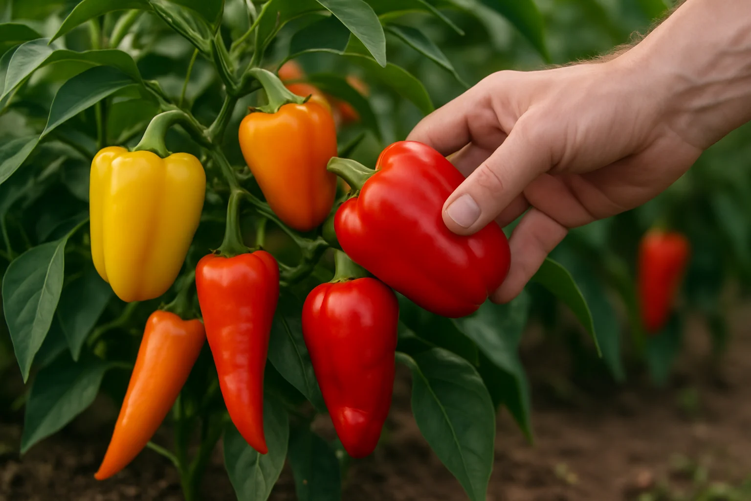 Récolte de poivrons et piments doux bien colorés directement sur les plants.