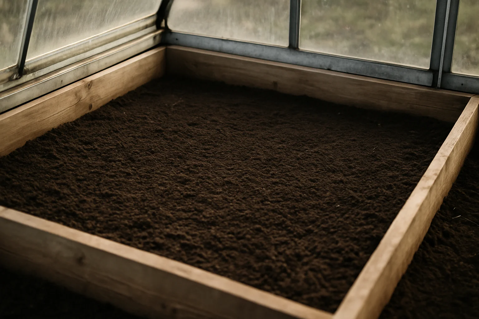 Sol finement préparé et nivelé à l’intérieur d’un châssis, prêt pour le semis des radis.
